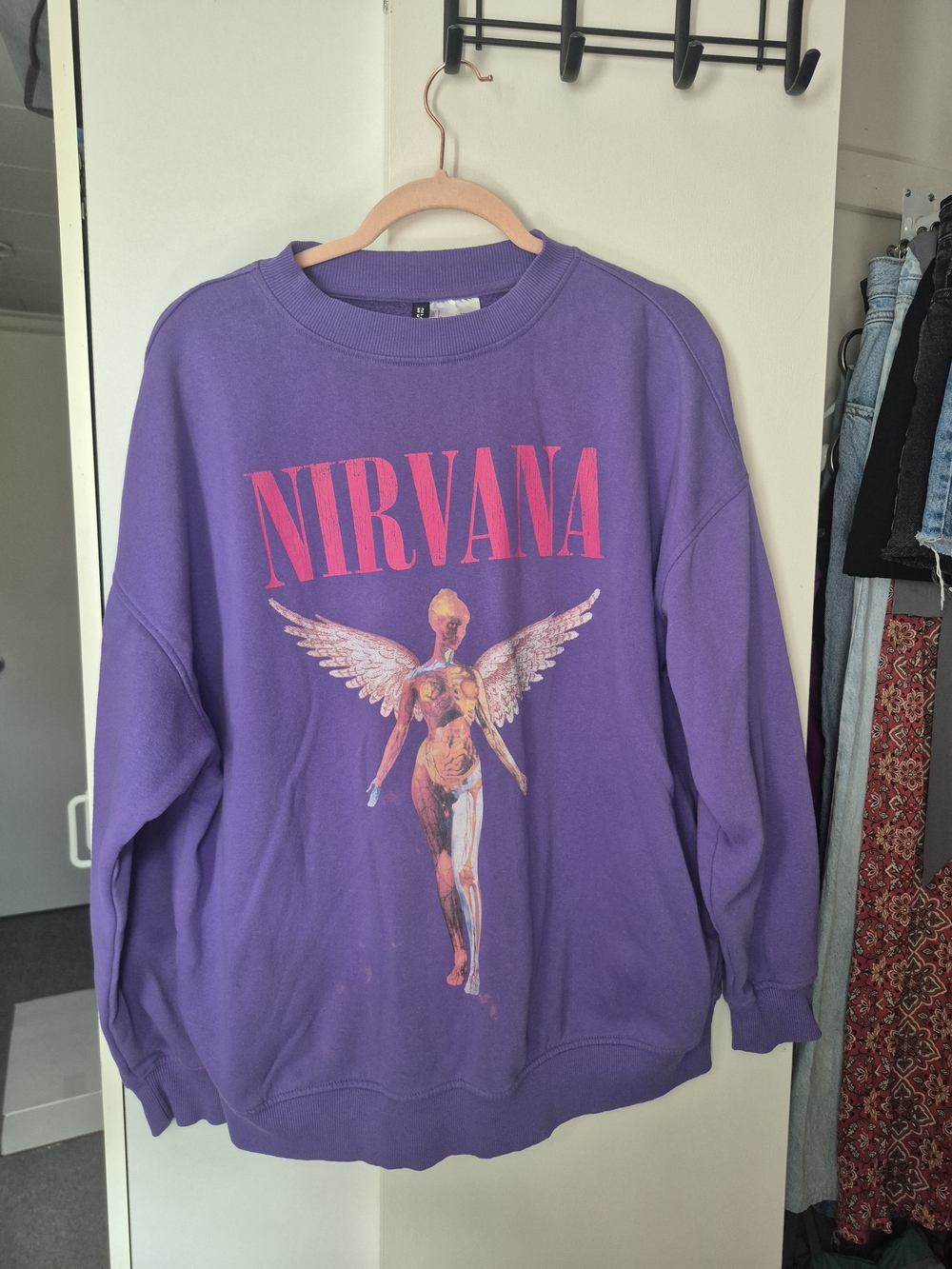 H&M Purple Crewneck Sweater with Pink Nirvana Logo and Angel